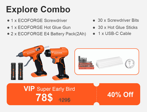 ECOFORGE Explore Combo early bird sale graphic showing a cordless drill, cordless driver, two batteries, screwdriver bits, hot glue gun, hot glue sticks, and USB-C cable with pricing and discount text.